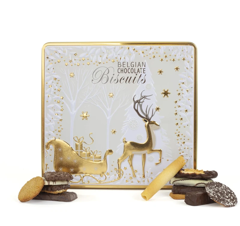 Belgian Biscuits Tin - Christmas Biscuit Tins, Gift Set with Belgian Chocolate Biscuits Selection, Novelty Christmas Biscuit Box - Festive Tins of Chocolates Gifts for Women & Men