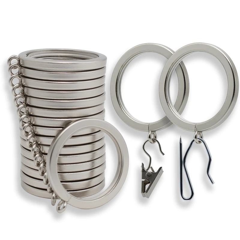 BlastHome Signature Collection Curtain Rings – Metal with Quiet, Smooth Nylon Inserts – Pinhooks and Clips Included – 1.5 Inch Inside Diameter – 18 for Two Standard Curtains – Brushed Nickel