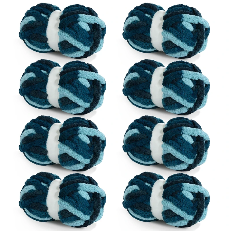 HOMBYS 8 Pack Giant Chunky Yarn for Crocheting/Hand Knitting, Super Bulky Large Soft Fluffy Tie Dye Plush Fuzzy Mixed Color Thick Chenille Yarn (Dark Blue, Blue)