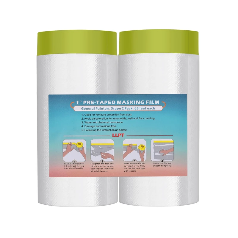 LLPT Tape and Drape Pre-Taped Masking Film | 2-Pack | Versatile Painter's Plastic Dust Sheets for Auto Wall Painting and Spraying Protection (MFTG1520) | Green Washi Paper | 150cm(Unfolded) x 20m