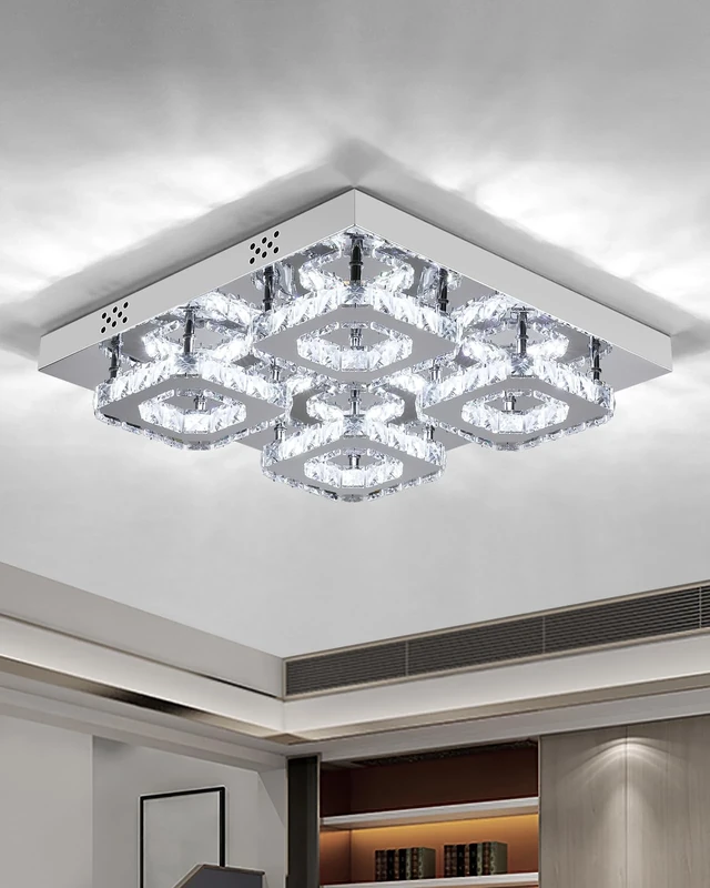 XEMQENER 40cm Crystal Chandeliers Ceiling Light, 48W Modern LED Ceiling Lights Stainless Steel, Square Flush Mount Crystal Pendant Lighting Fixture for Living Room Bedroom Dining Room(Cool White)