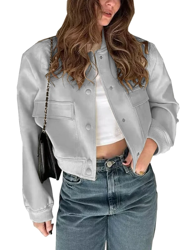 Megfie Womens Cropped Bomber Jacket Button Down Varsity Jackets Shackets With Pockets, Greyblue, S
