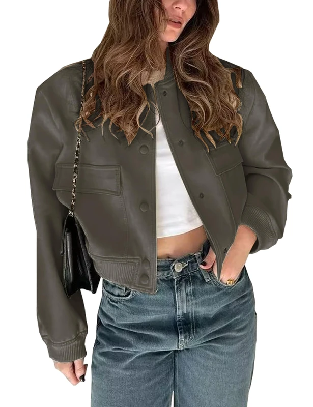 Megfie Womens Cropped Bomber Jacket Button Down Varsity Jackets Shackets With Pockets, Darkgrey, S