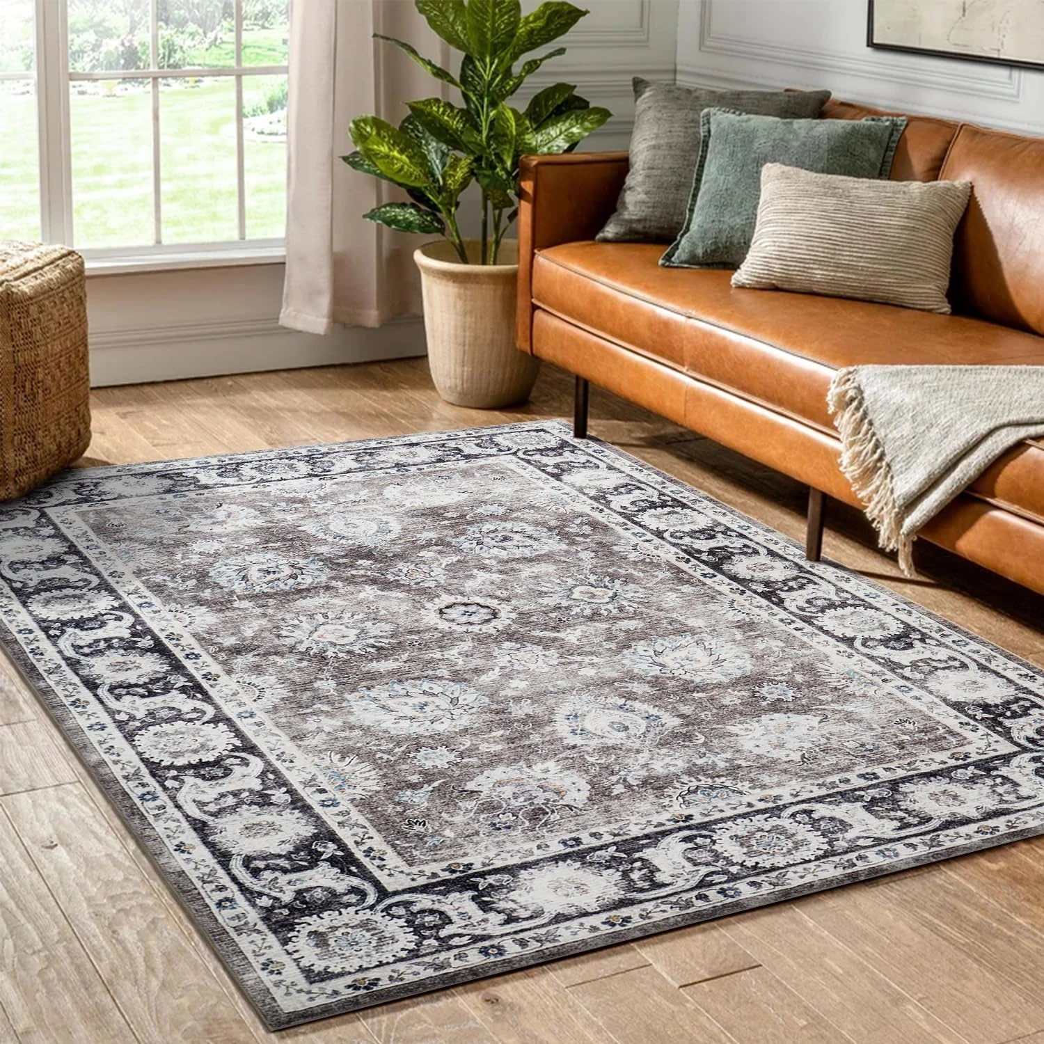 Hafaa Washable Rugs Living Room Small 60x110 cm – Soft Short Pile Brown Area Rugs For Bedroom, Kitchen Carpet Non Slip Bedside Rug Traditional Floral Design Vintage Boho Cashmere Rug, Harmony