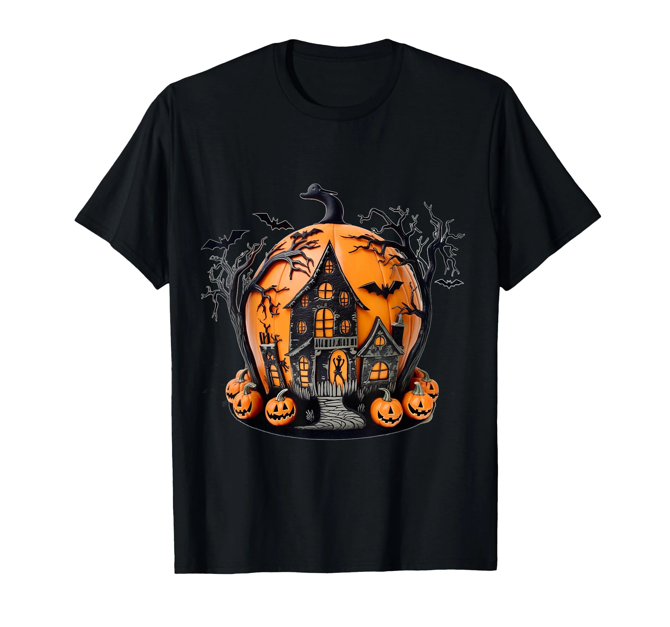 Funny Halloween Design , haunted house, bats, pumpkins T-Shirt
