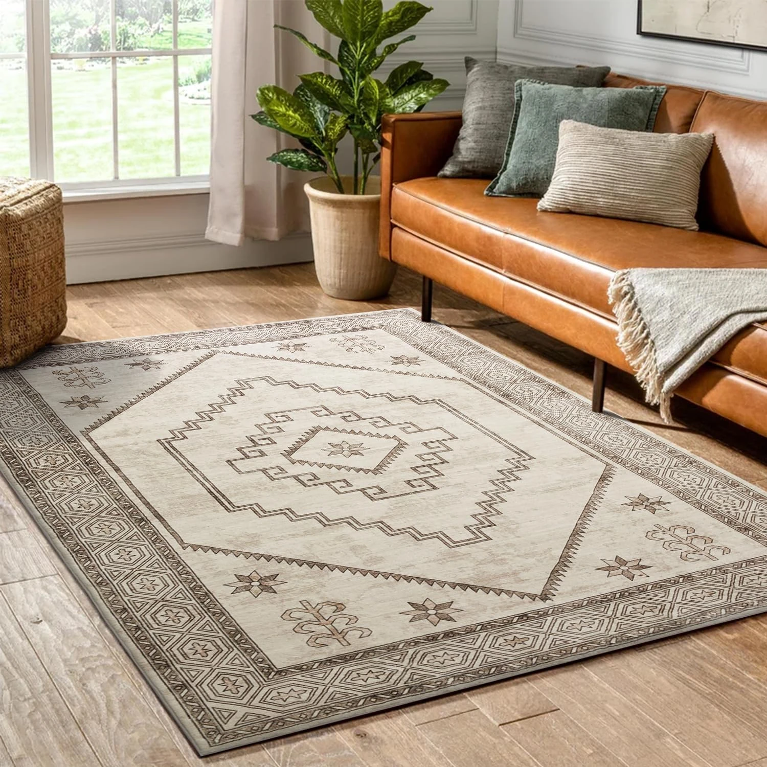 Hafaa Washable Rugs Living Room Small 60x110 cm – Soft Short Pile Beige Area Rugs For Bedroom, Kitchen Carpet Non Slip Bedside Rug Traditional Design Vintage Boho Cashmere Rug, Radiant