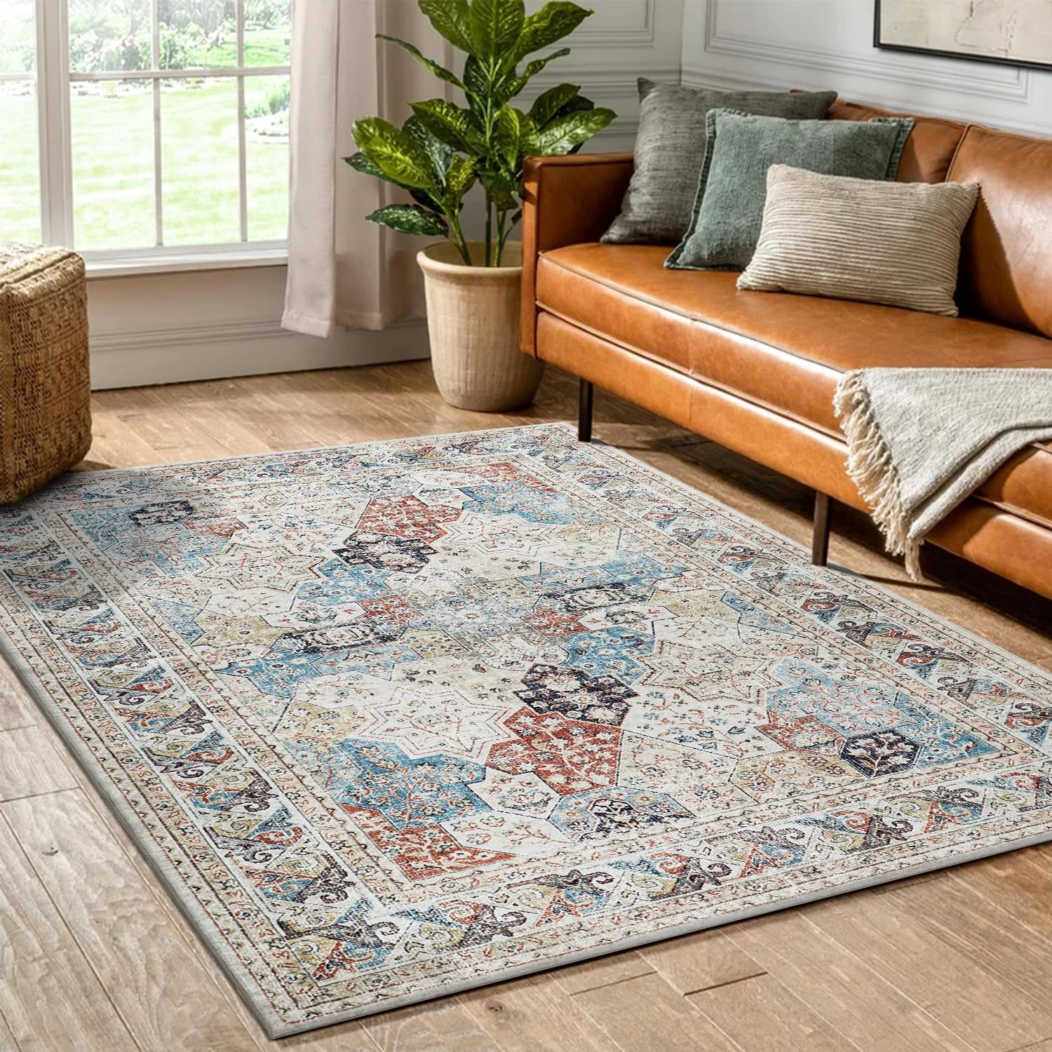 Hafaa Machine Washable Bedside Small Rug 40x60 cm - Soft Short Pile Abstract Area Rugs For Bedroom Entrway Non Slip Floor Carpet Traditional Vintage Cashmere Door Mat For Kitchen Bathroom, Coastal