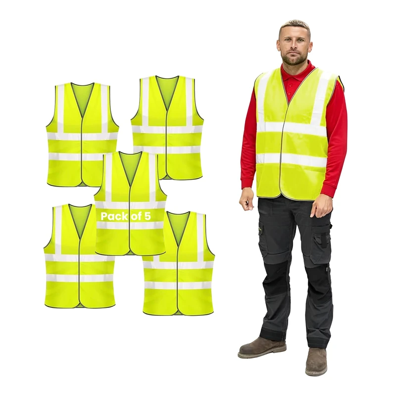 Vasego - 5 Pack of Plain Hi Visibility Reflective Safety Vest for Men & Women Fluorescent Waistcoat for Outdoor Running Walking Motor Bicycle Drivers -Class 2 (Plain Vest, Yellow, S)