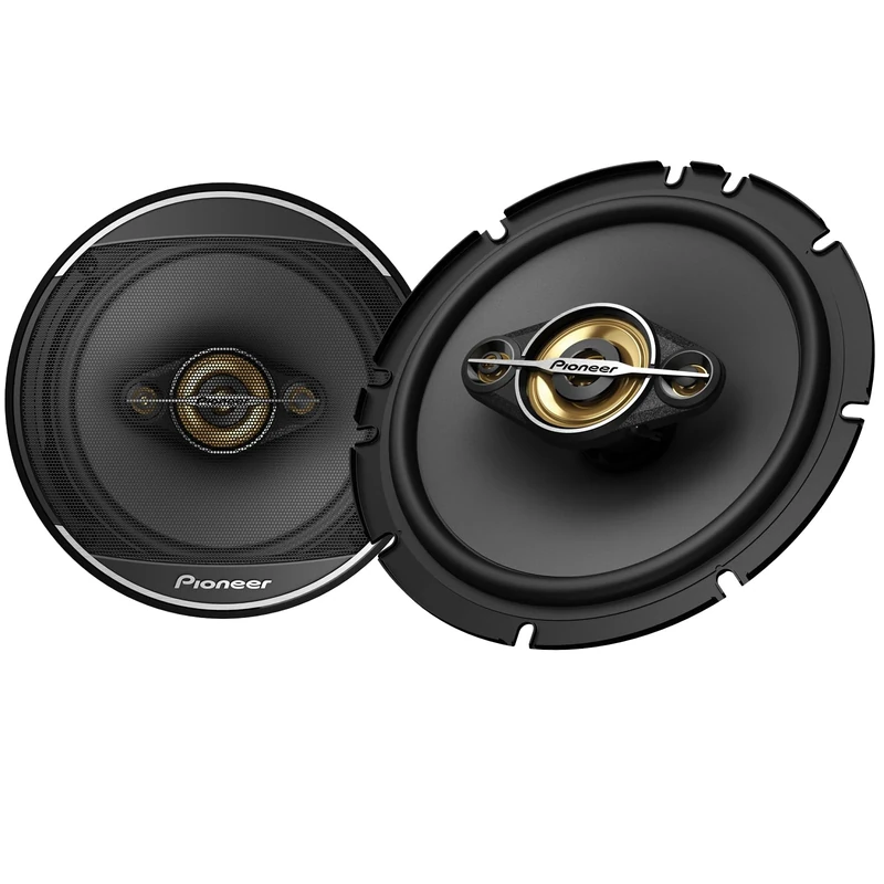 PIONEER TS-A1681F, 4-Way Coaxial Car Audio Speakers, Full Range, Clear Sound Quality, Easy Installation and Enhanced Bass Response, Black and Gold Colored 6.5” Round Speakers