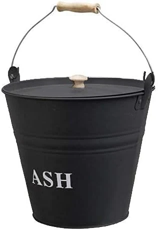 Unibos | Metal Ash Bucket With Lid Wooden Handle Fireplace Container Litre Black Coal | Wooden Handle & Lid Handle | Log Holder | Fireplace Fire Pit Wood Burning Stove Bin | 12L