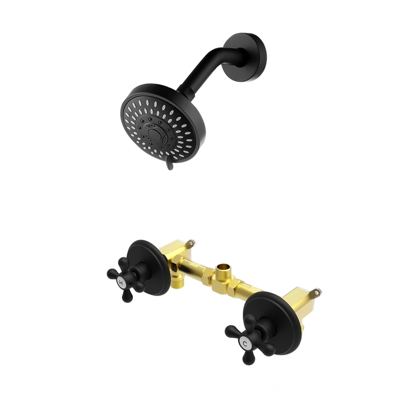 BEIYI BY2H002 Shower Faucet with 2 Handles and 5 Modes Shower Head, Matte Black, Two Handle Shower Faucet, Bathroom Shower Panel Set with Rough Valve, BY2H002