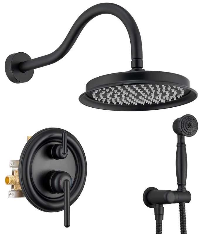 Wintap Rainfall Shower Head System with Pressure Balance Valve 9 Inch Bathroom Luxury Rain Mixer Shower Combo Set Wall Mounted Antique Shower Faucet Sets with Vintage Handheld Spray Matte Black