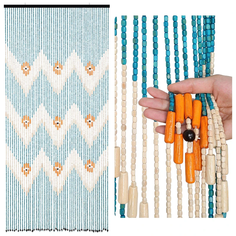 BECHAEO Beaded Curtain for Doorway Handmade Bamboo Wooden Door Beads Hanging Room Divider Hippie Curtain for Hallway Window Boho Rustic Home Store Decor, 35.5 x 75 Inches Blue