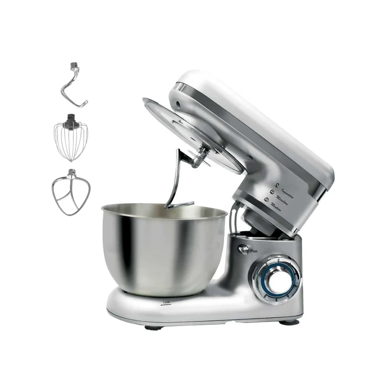 Avilia Planetary Mixer, Large Bowl in Steel 4.5L, Equipped with 3 Mixing Tools, 1000 Watt Power, Speed x6 + Pulse Button, Dust Cover, Silver