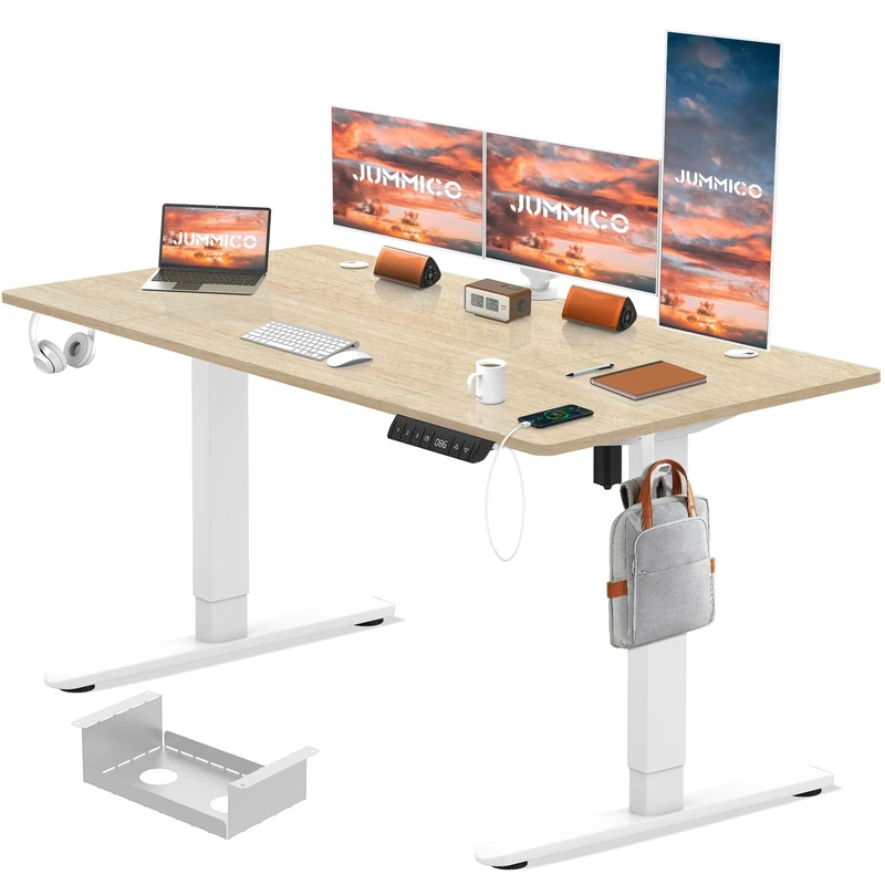 JUMMICO Electric Standing Desk 160x80 cm with Charging Port, Height Adjustable Computer Desk with Cable Tray,Ergonomic Sit Stand up Desk Rising Table Home Office Furniture, Beige