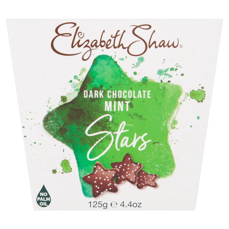 Elizabeth Shaw Dark Chocolate Mint Stars 125g - Dark chocolate with peppermint flavouring and mint-flavoured crunchy sprinkles - Treat - Share - Gift - Christmas