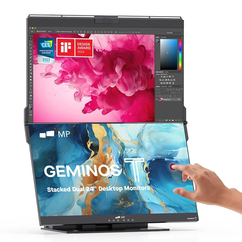 MP Mobile Pixels 2023 Geminos-T Dual 24" Stacked Computer Monitors, 1920 x 1080 Pixels, Touchscreen Monitor, Built-In Webcam, Windows/Mac/PC/Android Compatible - Image 1
