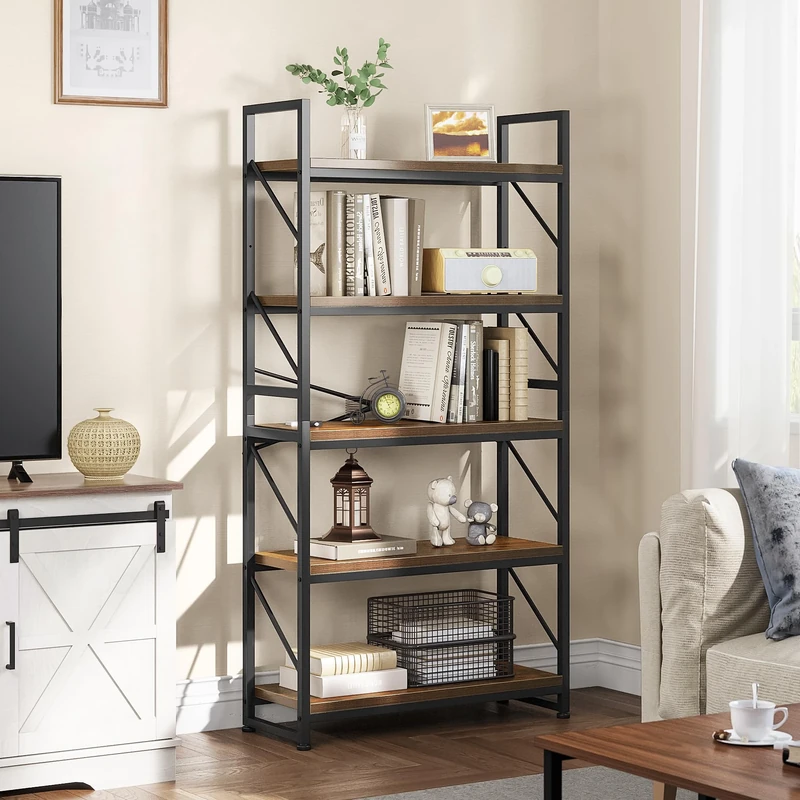 YITAHOME Bookcase 5 Tiers, Industrial Book Shelf Large Floorstanding Book case Wooden Shelf and Metal Frame Shelving Unit Display Storage Rack for Living Room, Home Office, Rustic Brown Bookshelf