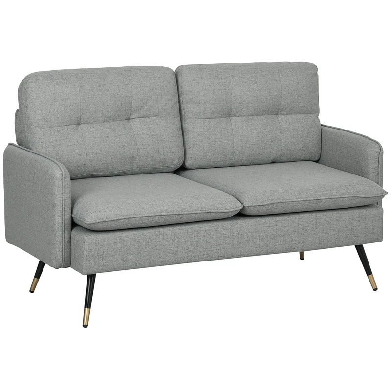 HOMCOM Modern Two Seater Sofa, Button Tufted Loveseat with Cushions and Steel Legs for Living Room, Guest Room, Grey