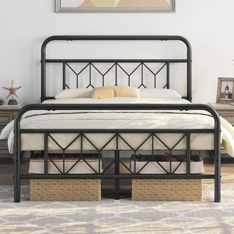 Yaheetech 4ft6 Double Bed Frames Vintage Sturdy Metal Platform Bed with Large Storage/Diamond Pattern Headboard/Easy Assembly/Embeded Design Bed Base, Black Double Bed
