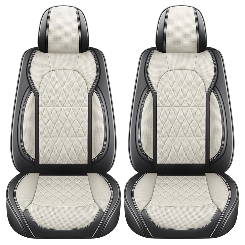 Aierxuan Front Car Seat Covers Full Coverage, Anti-Slip Faux Leather Universal Fit for 95% Cars(Front Pair,Black-Beige)