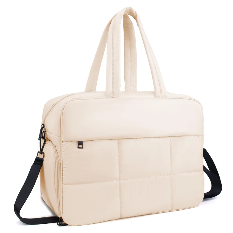 ORAD Weekender Fluffy Bag Quilted Nylon Puffer Tote Bag Personal Item Bag for Airlines Overnight Bag Gym Bag, Cream-colored, L, Classic
