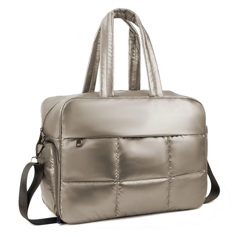 ORAD Weekender Fluffy Bag Quilted Nylon Puffer Tote Bag Personal Item Bag for Airlines Overnight Bag Gym Bag, Champagne, L