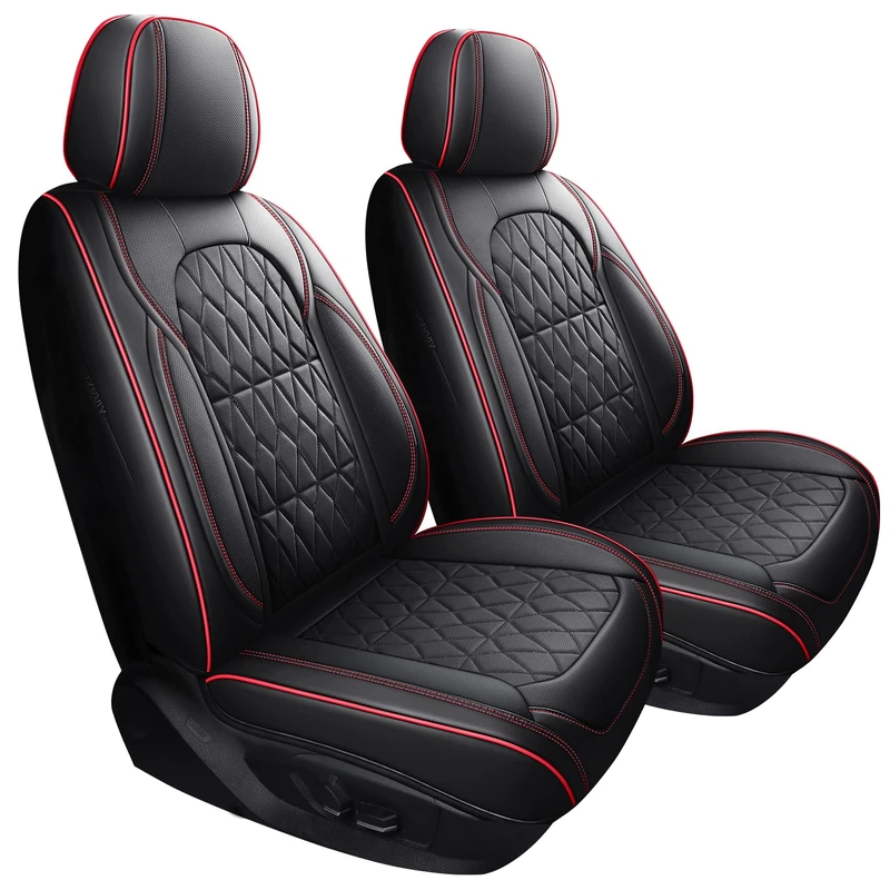 Aierxuan Waterproof Car Seat Covers Full Coverage, Anti-Slip Faux Leather Universal Fit for 95% Cars(Front Pair,Black-Red)