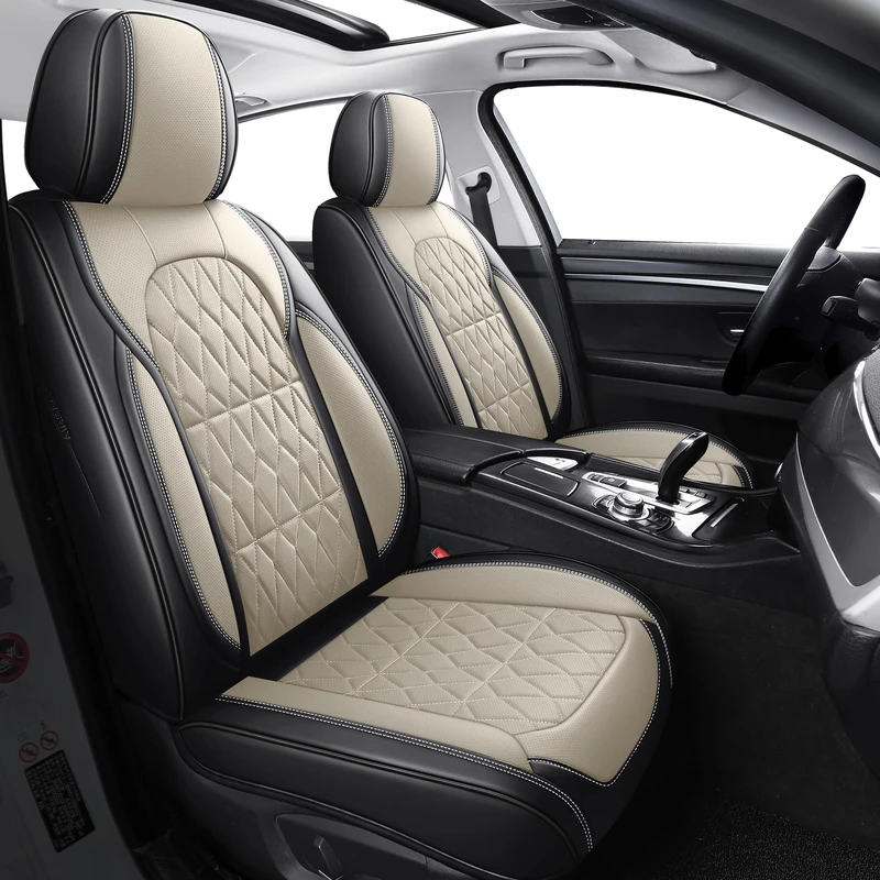 Aierxuan Full Coverage Car Seat Covers, Waterproof Leatherette Universal Fit for SUV Trucks Sedans Van(Full Set, Black-Beige)