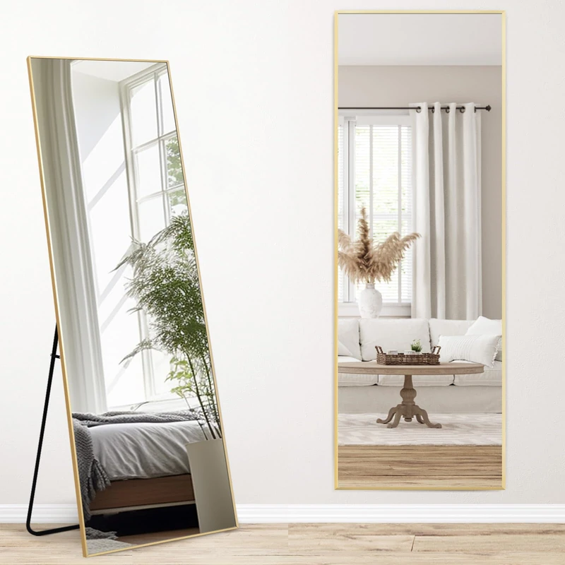 Melodieux Full Length Full Length Mirror 161 x 52 cm Modern Large Freestanding Gold Aluminium Frame Dressing Wall Mounted Mirror for Living Room Bedroom