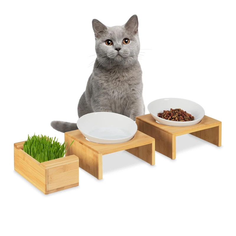 Relaxdays Cat Feeding Station, with Pet Grass, 2 Ceramic Bowls 350 ml each, Dishwasher Safe, Stand, Natural/White, Bamboo, 12 x 19 x 19 cm