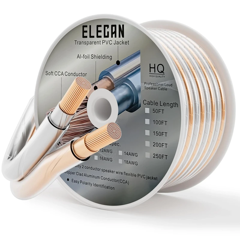Elecan 12/2 Speaker Wire Cable Spool 250 Ft 12 Gauge-Pro Series 12 AWG 2 Conductors Transparent Zipper PVC Jacket & Al-Foli Shielding & Soft Touch for HiFi Home Theater&Car Speakers-Gold/Silver