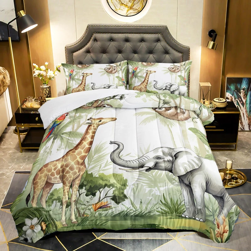 QOOMO Elephant Giraffe Monkeys Comforter King Size,Wild Animals Kids Comforter Set,3Pcs Bedding Set Printed Comforter with 2 Pillowcases,Down Alternative,Soft and Lightweight,for All Seasons