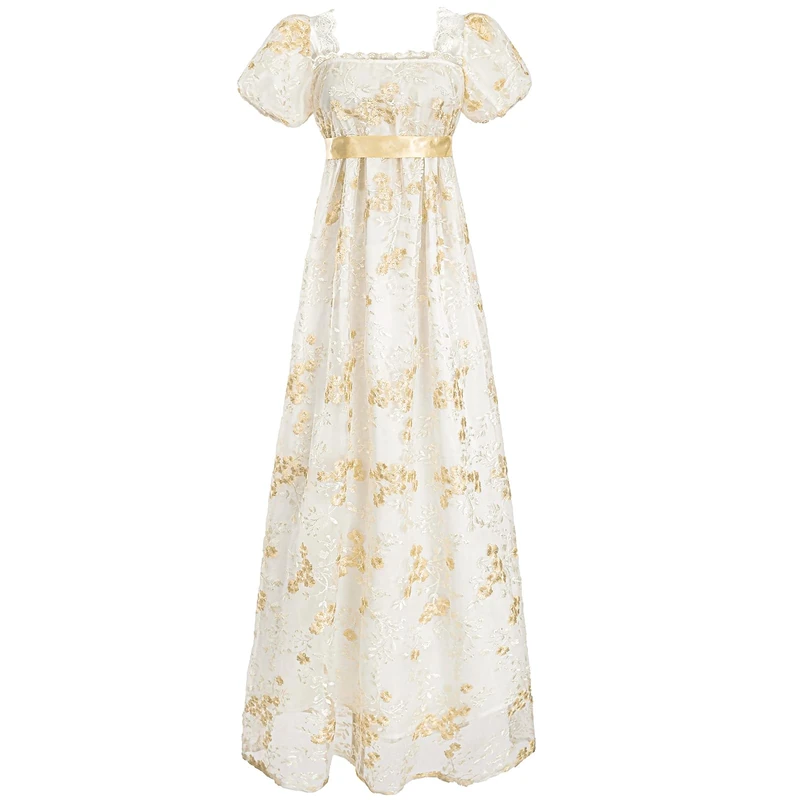 FCCAM Regency Dresses for Women Bridgerton Puffy Sleeves Empire Waist Regency Gown, Yellow, S