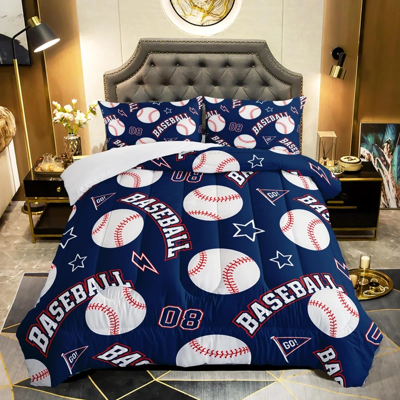 QOOMO 3D Baseballs Comforter King Size,Blue Baseball Kids Comforter Set,3Pcs Bedding Set Printed Comforter with 2 Pillowcases,Down Alternative,Soft and Lightweight,for All Seasons