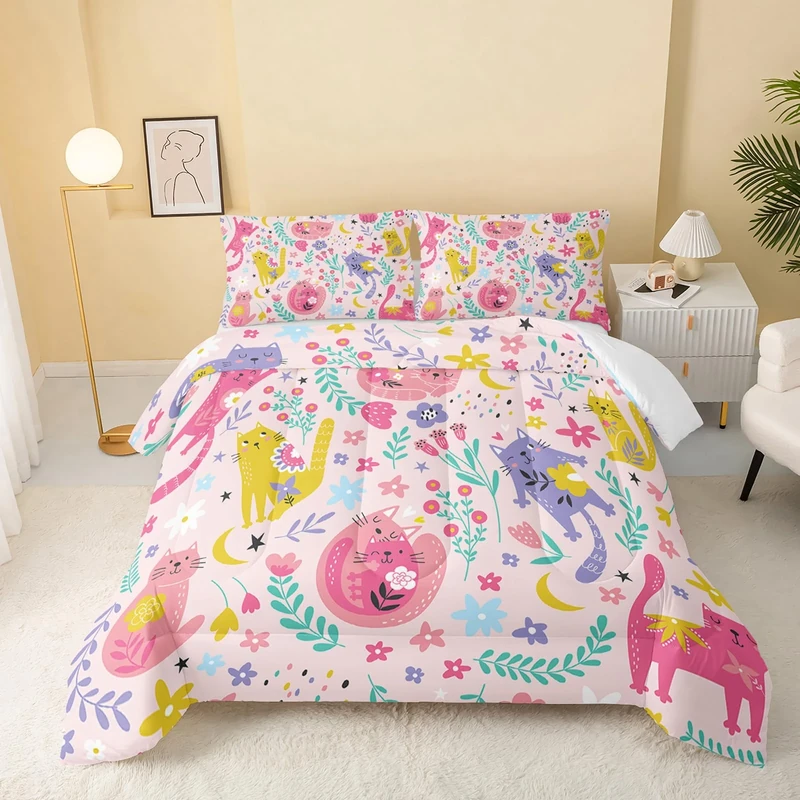 QOOMO Pink Cat Comforter Set - King Size Duvet with 2 Pillowcases