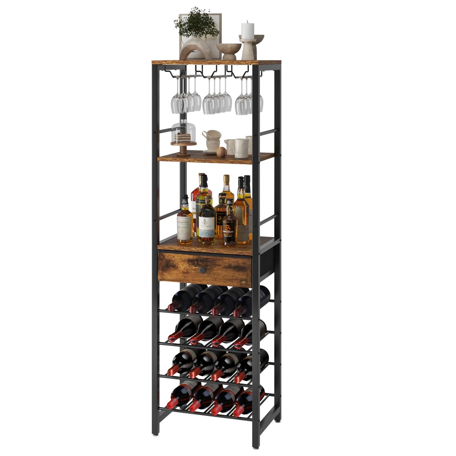 IBUYKE Wine Rack Freestanding Floor, Bar Cabinet,Coffee Bar Cabinet 4-Tier Wood bar Cabinet,Glass Holder and Storage Drawer for Home Bar Kitchen Living Room,Brown TMJ905H