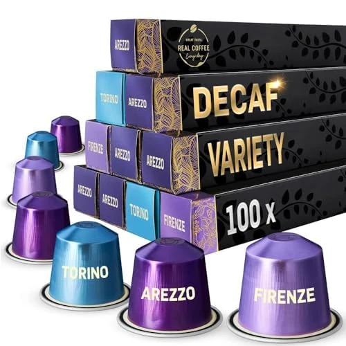 Real Coffee Decaf Italian Variety | 100 Nespresso Compatible Pods | Medium & Dark Roasts | 3 Italian City-Inspired Blends: Arezzo, Firenze, Torino | Aluminium capsules |