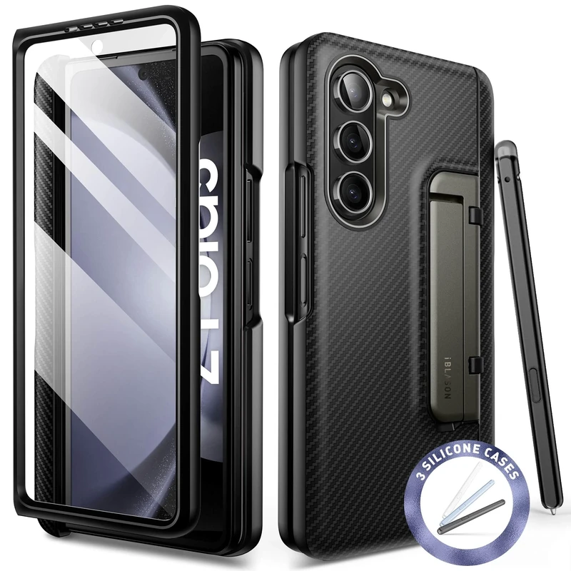 i-Blason for Samsung Galaxy Z Fold 5 Case (2023) with S Pen Holder & 3 Silicone S Pen Covers [Built-in Screen Protector] Full Body Protective Bumper Phone Case for Z Fold 5 with Kickstand (Black)