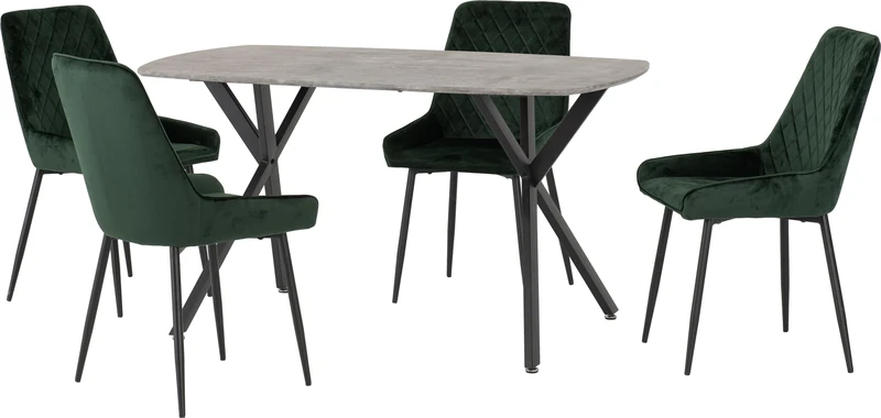 Seconique Athens Dining Table Set with 4 Avery Dining Chairs in Concrete/Emerald Green Velvet