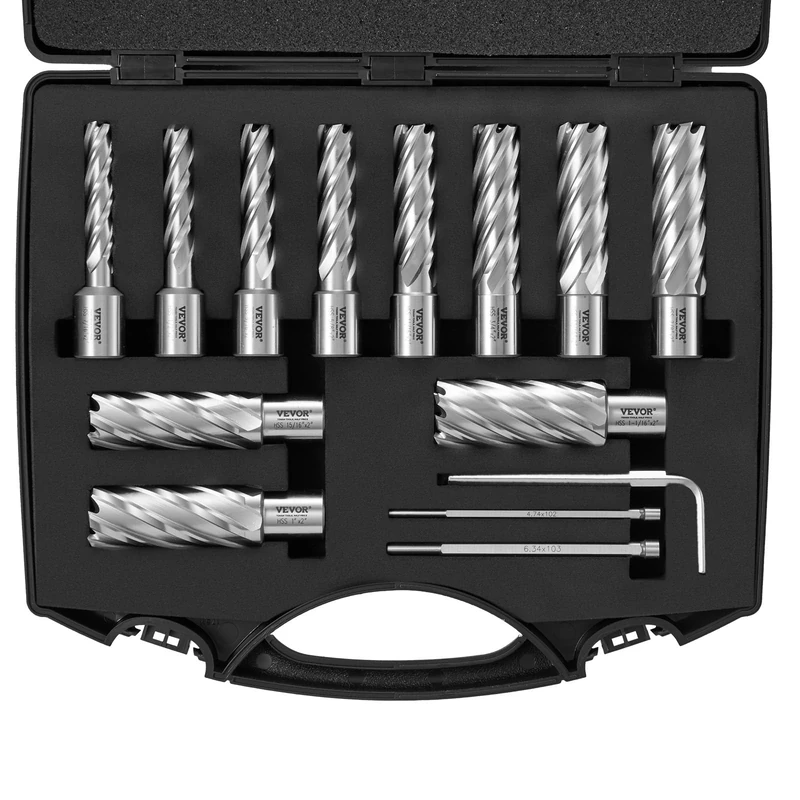 VEVOR Annular Cutter Set, 13 pcs Weldon Shank Mag Drill Bits, 2" Cutting Depth, 7/16" to 1-1/16" Cutting Diameter, M2AL HSS, with 2 Pilot Pins, Hex Wrench and Portable Case, for Using with Magnetic Dr