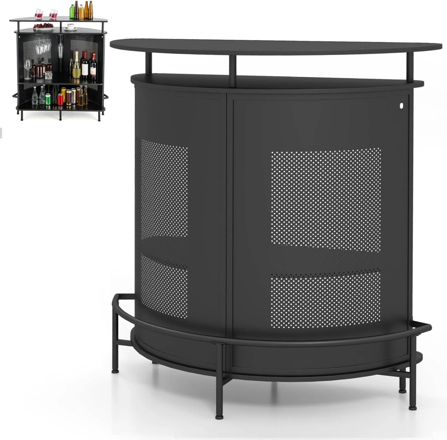 GiantexUK Liquor Bar Table, 4-Tier Wine Bar Cabinet with Storage Shelves, 3/6 Glass Holders, Metal Front, 6/7 Adjustable Feet & Footrest, Home Bar Furniture for Cafe Kitchen Bistro (Half Round)