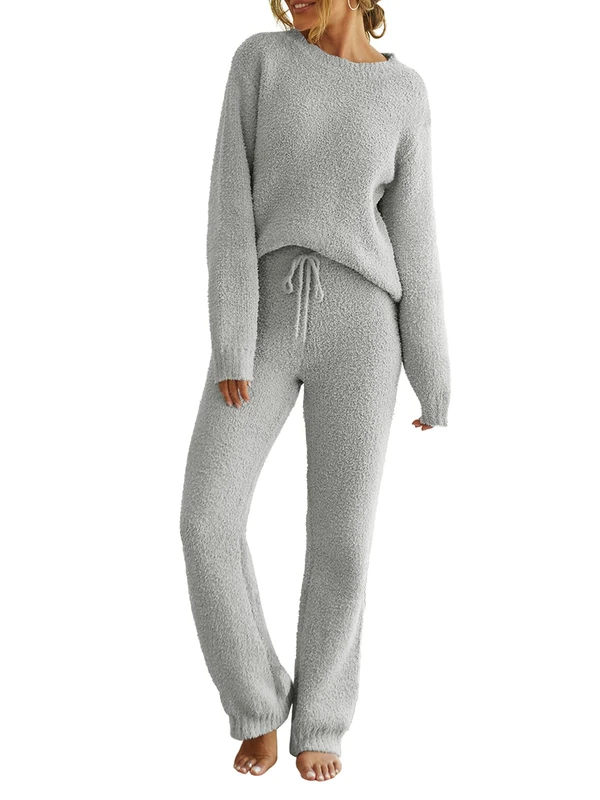 MEROKEETY Womens Fuzzy Fleece Long Sleeve 2 Piece Loungewear Outfits Sweater Pants Pajama Sets, Lightgrey, S - Image 1