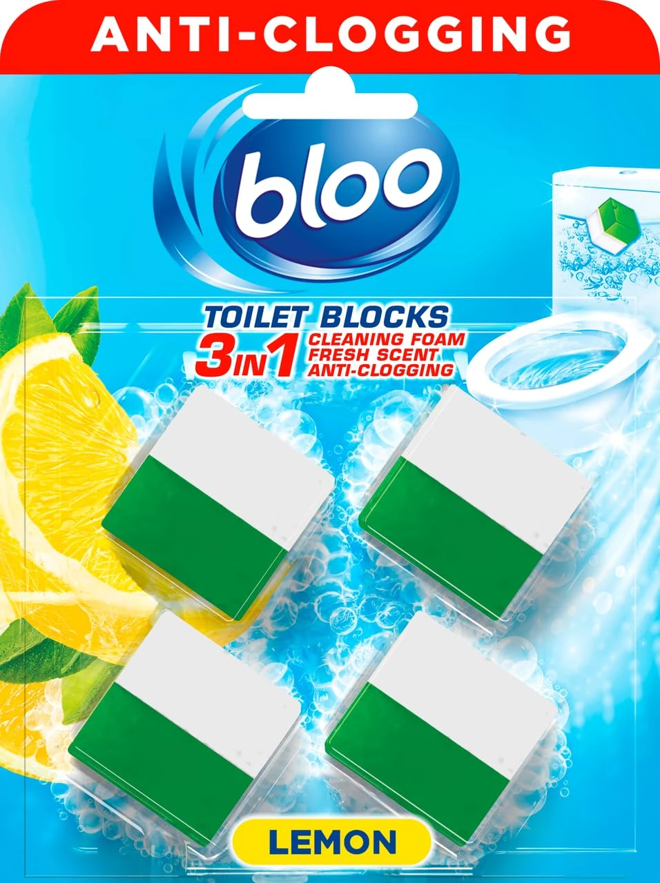 New Bloo Toilet Blocks, Pack of 4, Toilet Limescale Remover Cistern Block, Toilet Cleaner Block with Cleaning and Foaming Action, Toilet Fresheners – Lemon