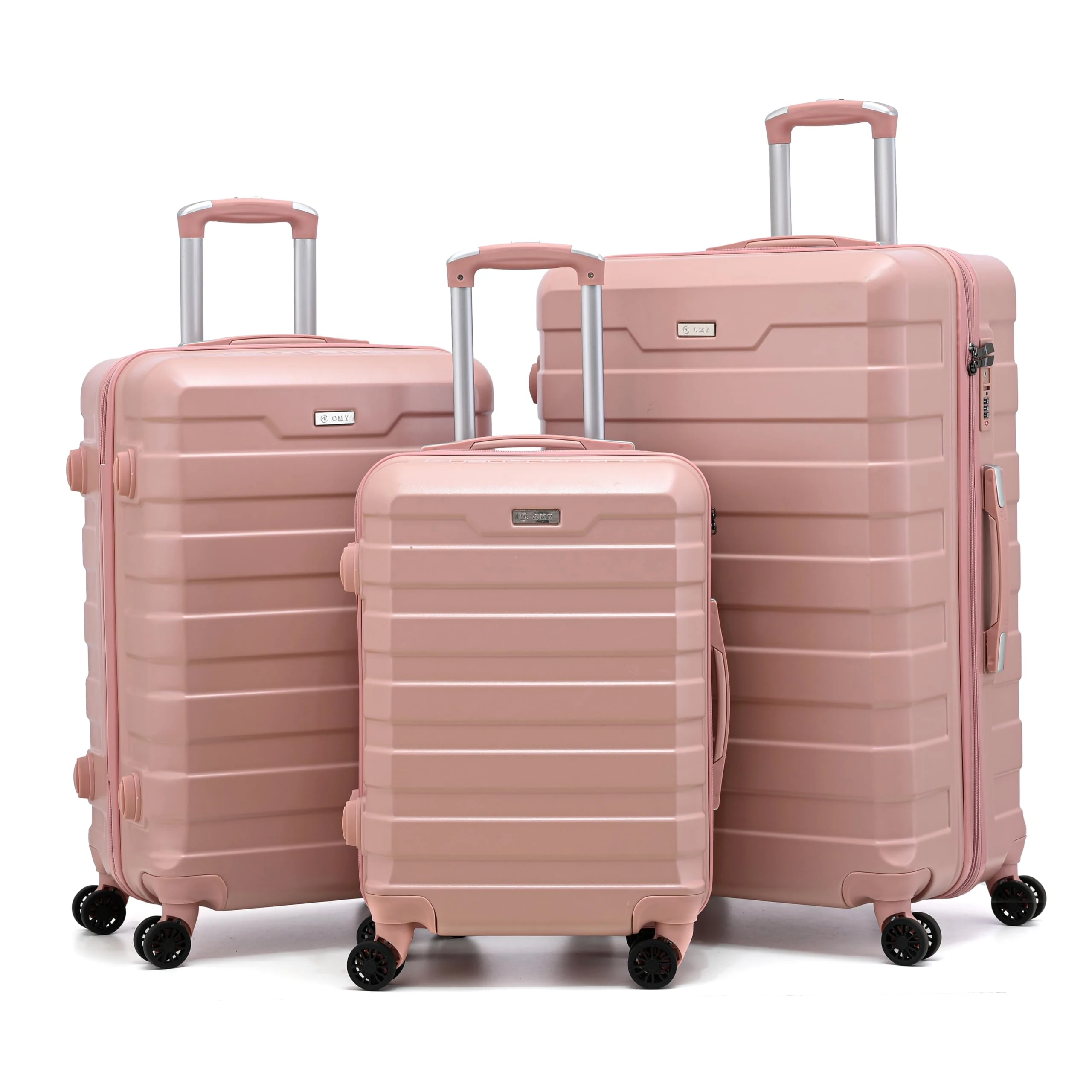 RMW Suitcase Large Medium Cabin Size | Hard Shell | Lightweight | 4 Dual Spinner Wheels | Trolley Luggage Suitcase | Hold Check in Luggage | TSA Combination Lock (Pink, 3 Piece Full Set)