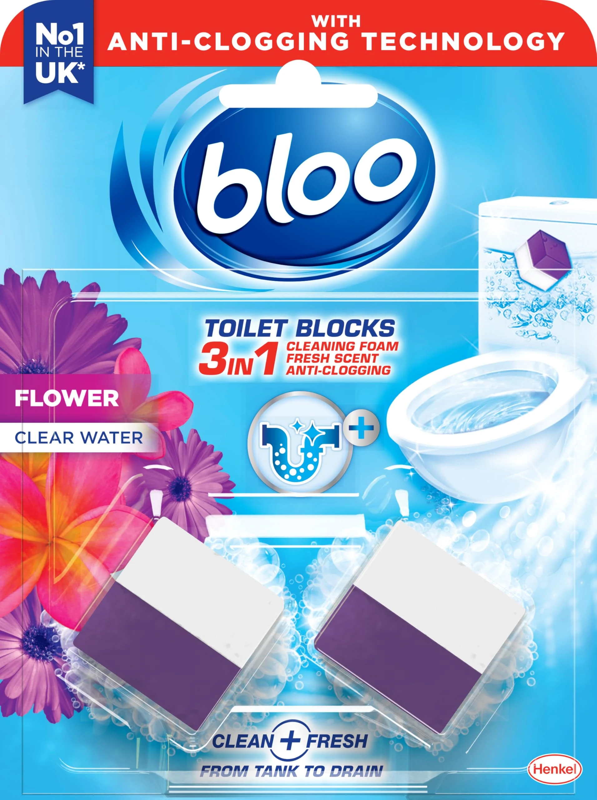 New - Bloo 3in1 Toilet Blocks, Pack of 2, Limescale Remover Cistern, Cleaner with Cleaning and Foaming Action, Fresheners – Fresh Flowers