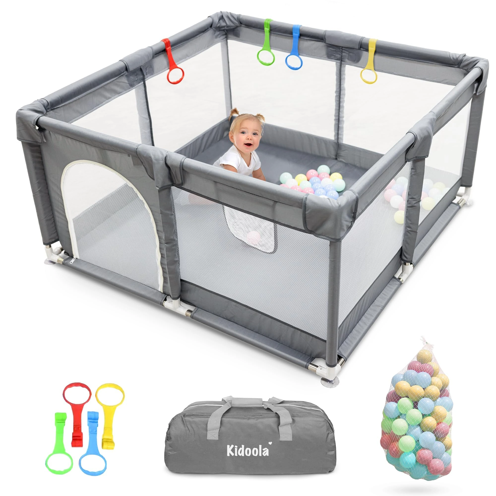 Kidoola Baby Playpen with Padded Frame & Mesh Walls, Balls & Pull Rings Included, for Indoor & Outdoor Use, Toddler Fence - Breathable Mesh, Extra Large Play Yard for Babies (127x127x65cm) (Grey)