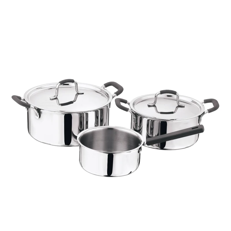 MasterPRO - Set of 5 Triple Frying Pans - 1 Saucepan 16 cm - 1 Casserole with Lid 20 cm - 1 Casserole with Lid 24 cm - Casserole with Silicone Handle - Stainless Steel Lid - Image 1