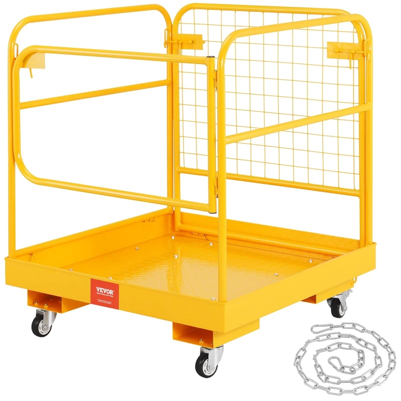 VEVOR Forklift Safety Cage, 1200 lbs Load Capacity, 36 x 36 inches Folding Forklift Work Platform with Lockable Swivel Wheels, Drain Hole & Device Chain, Holds 1 to 2 Adults, Perfect for Aerial Work