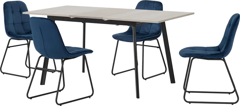 Seconique Avery Extending Dining Table Set with 4 Lukas Dining Chairs in Concrete/Sapphire Blue Velvet